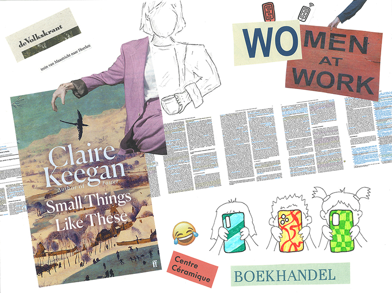 Click to Enlarge View Collage with overlapping images, including hand-drawn illustrations of children with cell phones obscuring their faces, a faceless woman in a suit holding a mug, a crying laughing emoji, and magazine clippings.